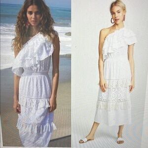 Misa Los Angeles White Ruffled One-Shoulder eyelet Clea tiered midi Sundress